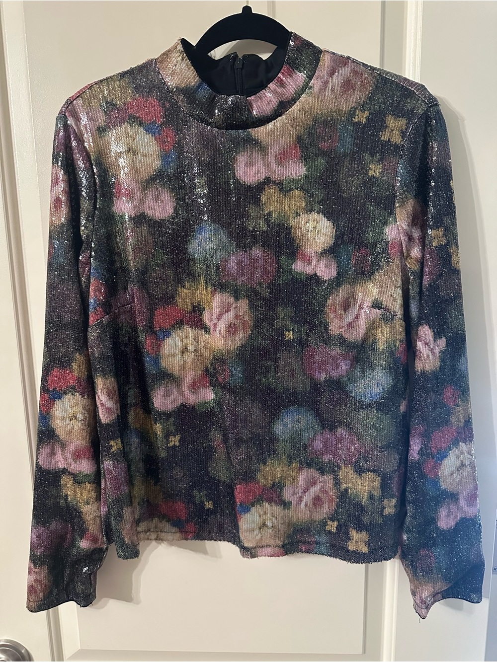 Nicole Miller Floral Sequin Mock Neck Long Sleeve Top NWOT